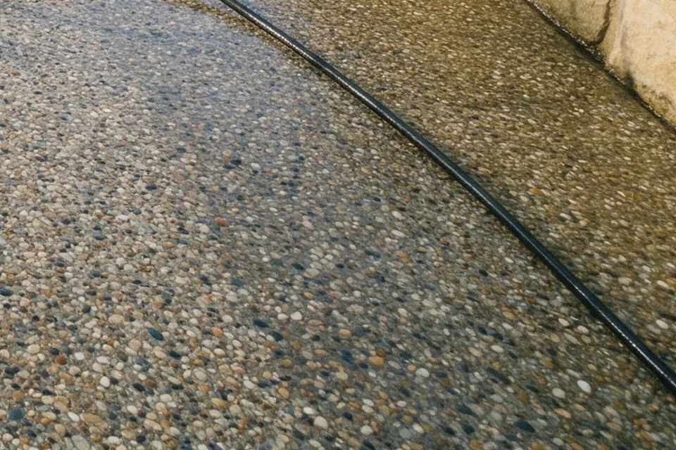 Illustration of an exposed aggregate driveway beside a sandstone wall